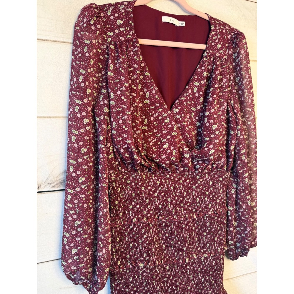 Lush Womens Berry Floral Smocked Mini Dress Long Sleeve V-Neck LD44335-FCI L - Picture 2 of 5